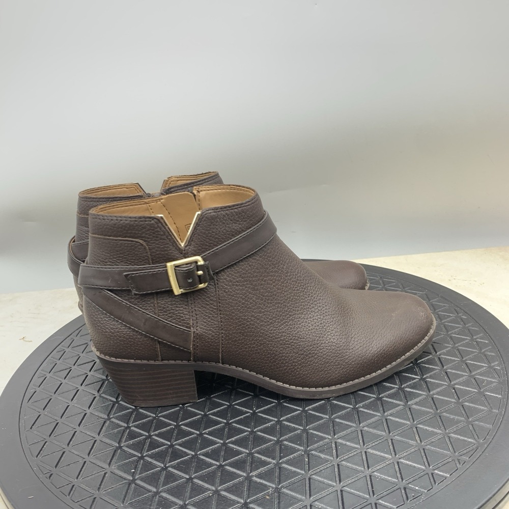 Vionic Farrah Boots Women Size 7.5 Shoes Brown Leather Ankle Booties Low Heels